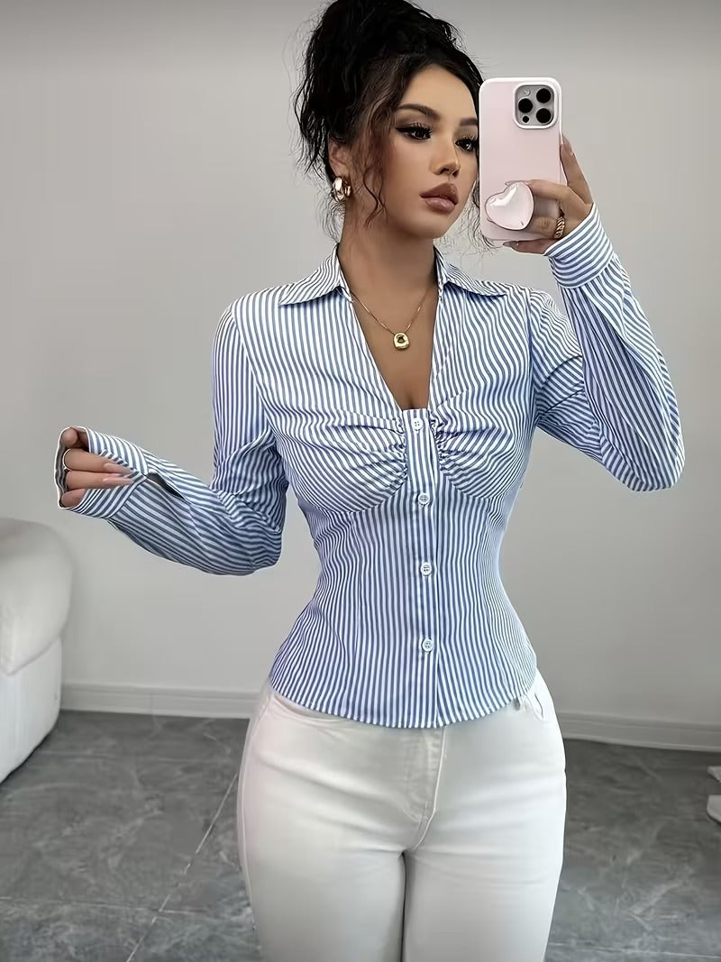 Ninonine "Lucille" | Ruched Striped Tailored Shirt