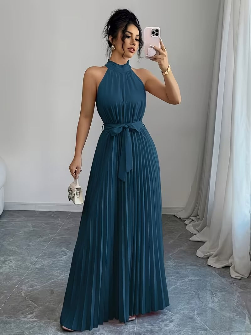 Ninonine "Serene" | Pleated Halter-Neck Maxi Gown with Ribbon Belt
