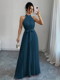 Ninonine "Serene" | Pleated Halter-Neck Maxi Gown with Ribbon Belt