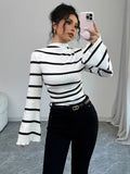 Ninonine "Genevieve" | Ribbed Flared-Sleeve Striped Turtleneck