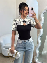 Ninonine "Inès" | Floral Spliced Mandarin Collar Top