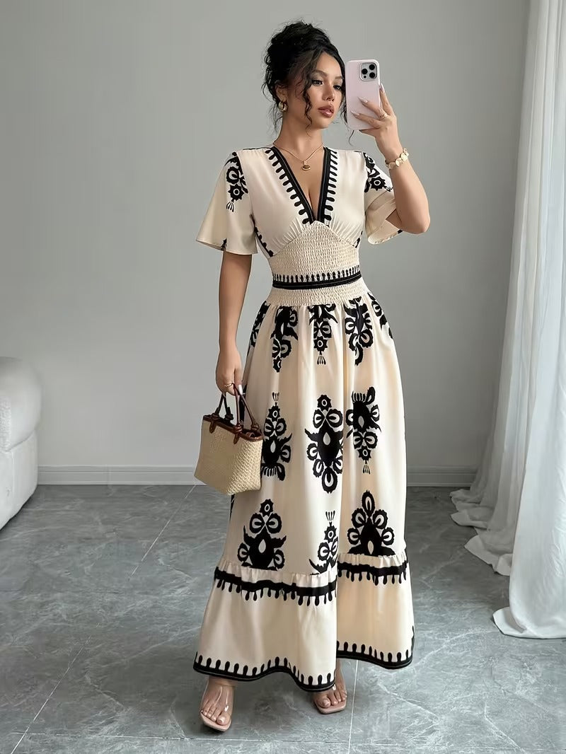 Ninonine "Amara" | Vintage Motif Shirred-Waist V-Neck Maxi Dress