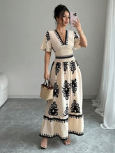 Ninonine "Amara" | Vintage Motif Shirred-Waist V-Neck Maxi Dress