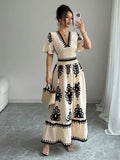 Ninonine "Amara" | Vintage Motif Shirred-Waist V-Neck Maxi Dress