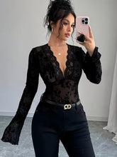 Ninonine "Seraphine" | Lace-Trimmed Floral Mesh V-Neck Top