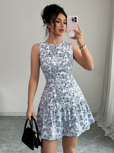 Ninonine "Mariana" | Azure Toile-Print Sleeveless Peplum Dress