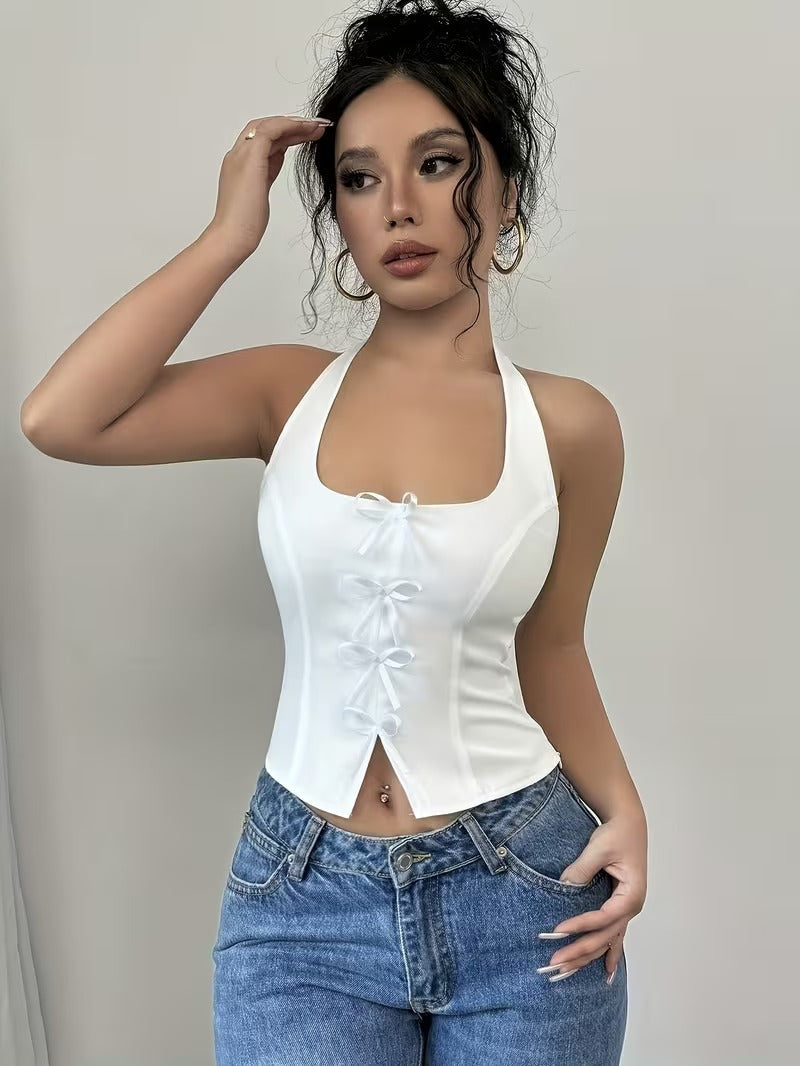 Ninonine "Camille" | Bow-Accent Halterneck Corset Top