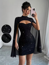 Ninonine "Lyra" | Shimmering Cape-Sleeve Cutout Bodycon Dress