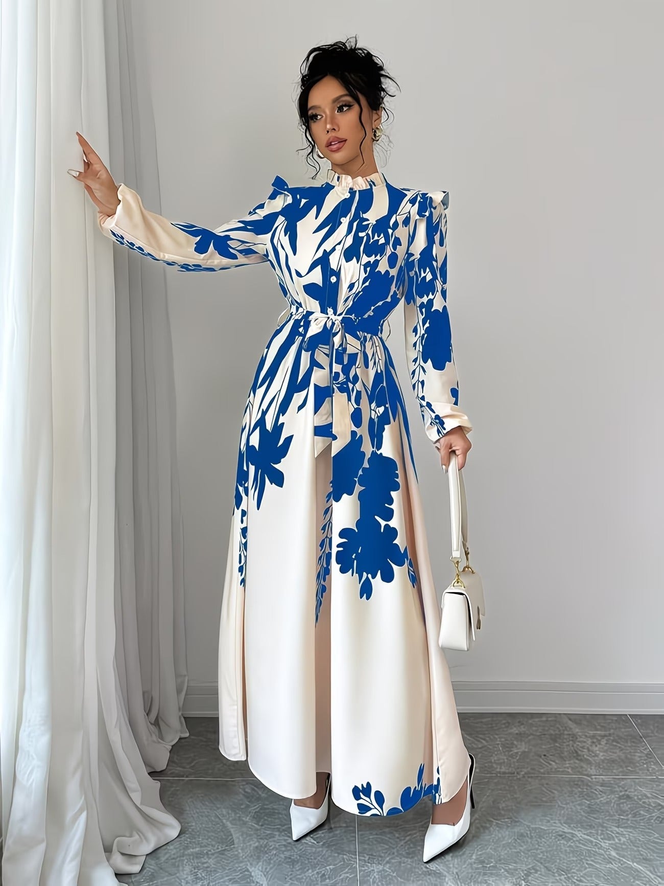 Ninonine "Vienna" | Stand Collar Ruffled Lantern Sleeve Maxi Dress