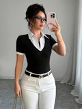 Ninonine "Giselle" | Layered Pinstripe Contrast Collar Top