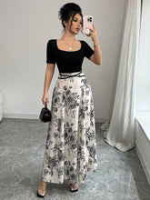 Ninonine "Kiku" | Monochrome Botanical Square-Neck Maxi Dress