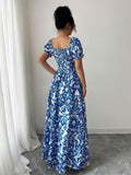 Ninonine "Azurea" | Smocked Back Puff Sleeve Botanical Maxi Dress