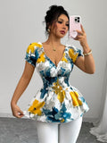 Ninonine "Elora" | Shirred Waist Artistic Floral Blouse