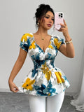 Ninonine "Elora" | Shirred Waist Artistic Floral Blouse