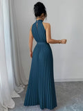 Ninonine "Serene" | Pleated Halter-Neck Maxi Gown with Ribbon Belt