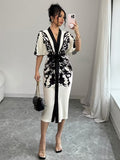 Ninonine "Elegance" | Positioning-Print V-Neck Front-Tie Slim Fit Dress