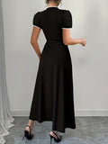 Ninonine "Yuki" | Contrast Trim Mandarin Collar Maxi Dress