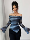 Ninonine "Lyra" | Abstract Midnight Off-Shoulder Asymmetrical Top