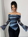 Ninonine "Lyra" | Abstract Midnight Off-Shoulder Asymmetrical Top