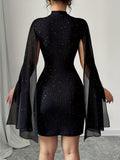 Ninonine "Lyra" | Shimmering Cape-Sleeve Cutout Bodycon Dress