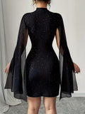 Ninonine "Lyra" | Shimmering Cape-Sleeve Cutout Bodycon Dress