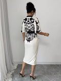 Ninonine "Elegance" | Positioning-Print V-Neck Front-Tie Slim Fit Dress