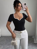 Ninonine "Maya" | Sweetheart Ribbed Woven Contrast Top