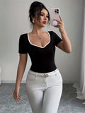Ninonine "Maya" | Sweetheart Ribbed Woven Contrast Top