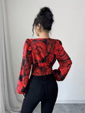 Ninonine "Rosalind" | Shirred Rose Print Long-Sleeve Crop Top