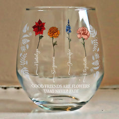 Birth Flower Grow An Old Friend Bestie - Personalized Stemless Wine Glass