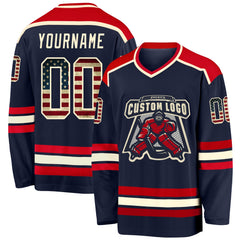 Custom Navy Vintage USA Flag Cream-Red Hockey Jersey