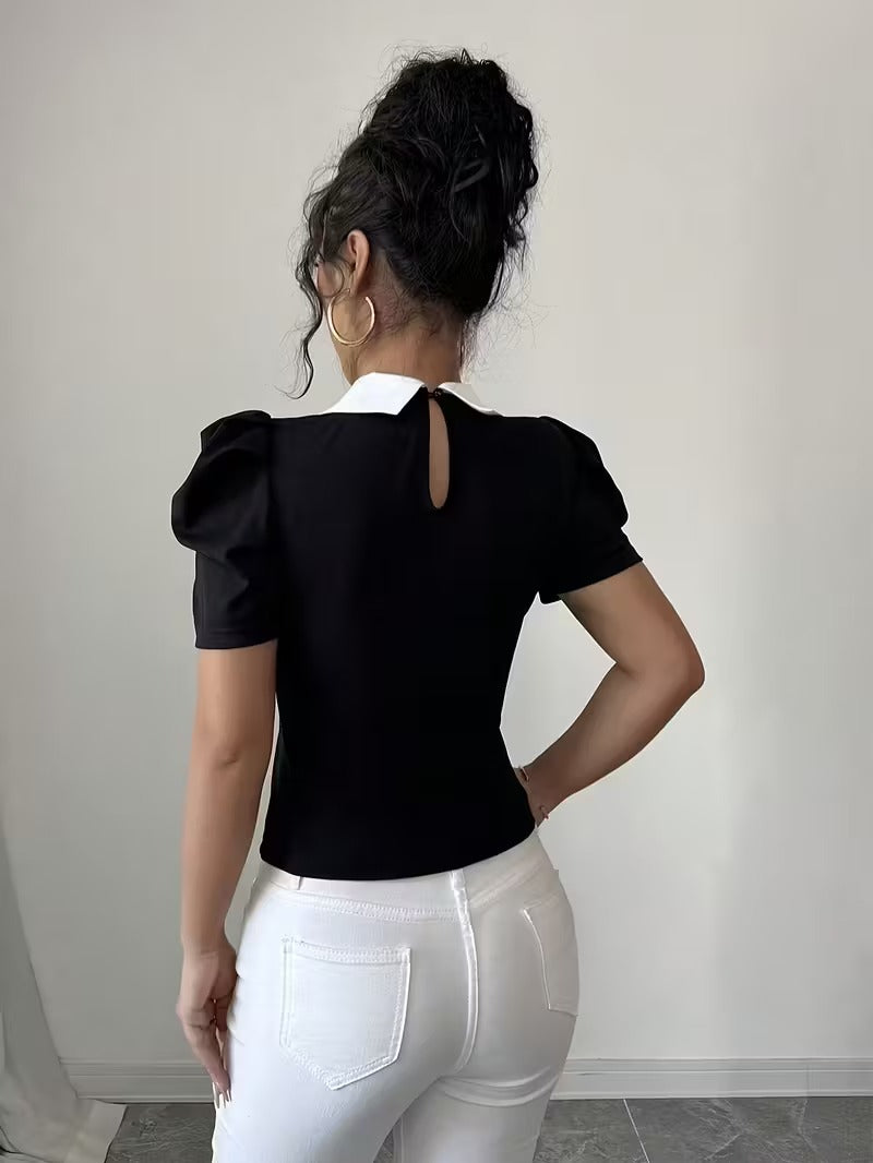 Ninonine "Colette" | Pearl-Embellished Contrast Collar Knit Top