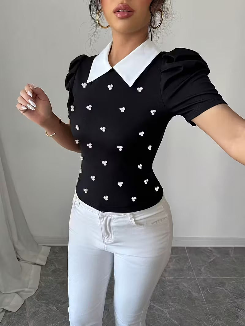 Ninonine "Colette" | Pearl-Embellished Contrast Collar Knit Top