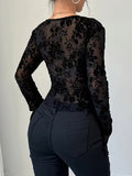 Ninonine "Seraphine" | Lace-Trimmed Floral Mesh V-Neck Top