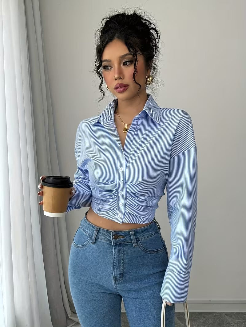 Ninonine "Geneva" | Ruched-Waist Cropped Pinstripe Shirt