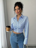 Ninonine "Geneva" | Ruched-Waist Cropped Pinstripe Shirt