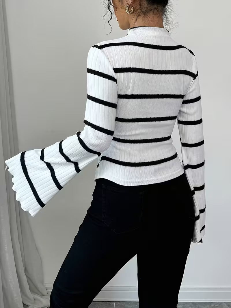 Ninonine "Genevieve" | Ribbed Flared-Sleeve Striped Turtleneck