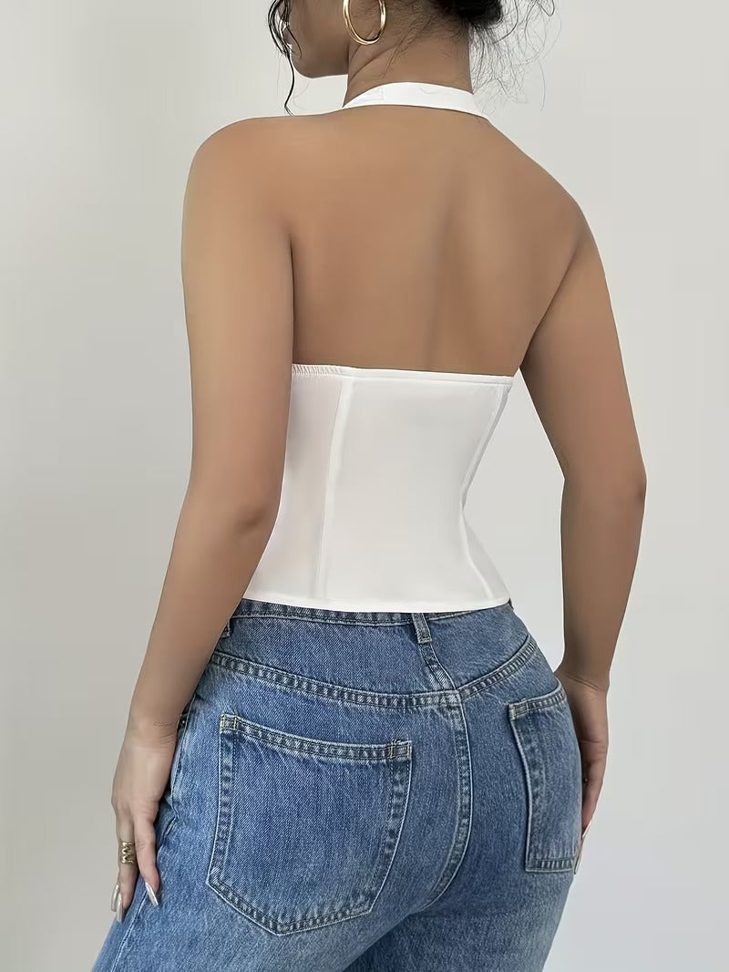 Ninonine "Camille" | Bow-Accent Halterneck Corset Top