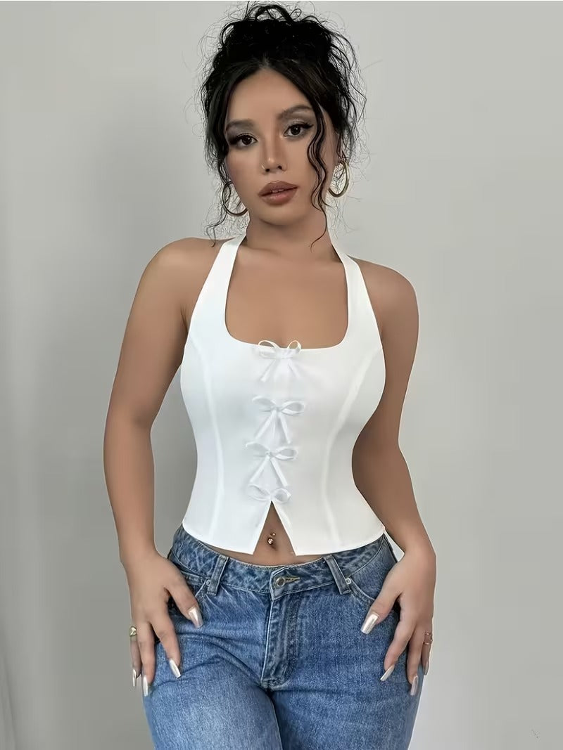 Ninonine "Camille" | Bow-Accent Halterneck Corset Top