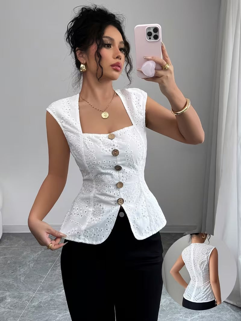 Ninonine "Seraphina" | Embroidered Eyelet Square-Neck Top