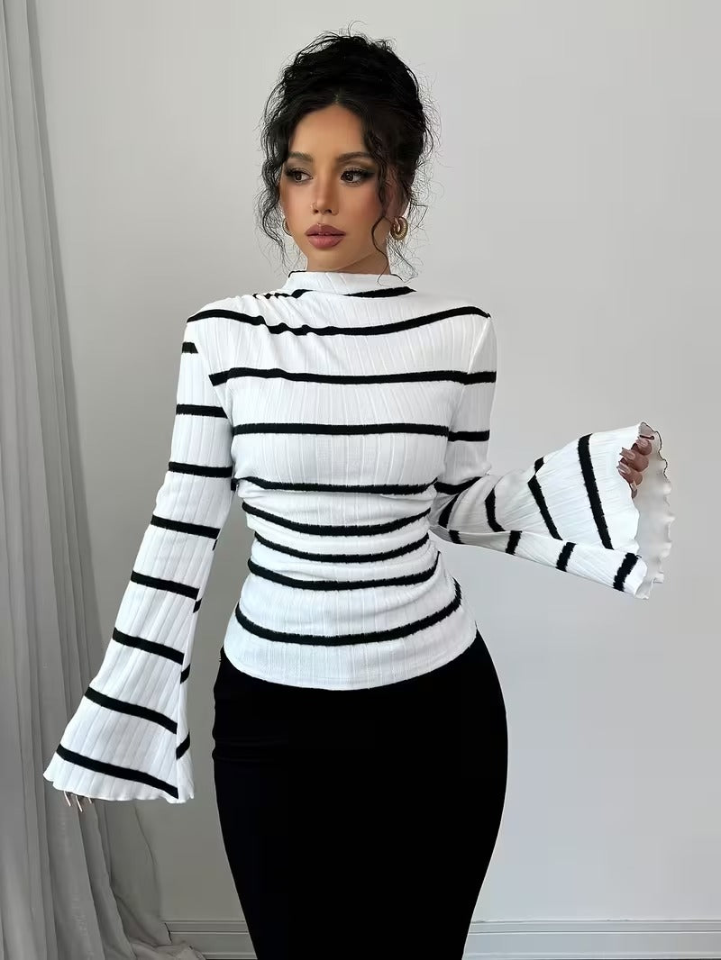 Ninonine "Genevieve" | Ribbed Flared-Sleeve Striped Turtleneck
