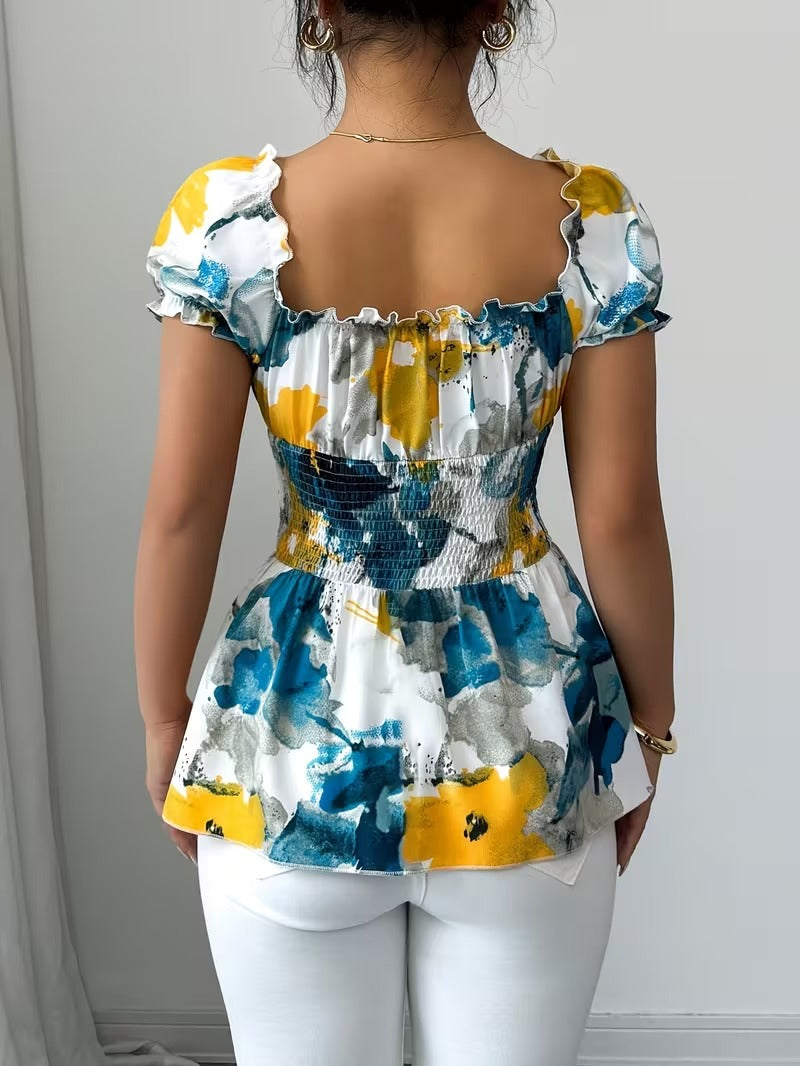 Ninonine "Elora" | Shirred Waist Artistic Floral Blouse