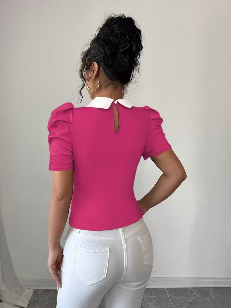 Ninonine "Odette" | Pearl-Adorned Contrast Collar Knit Top