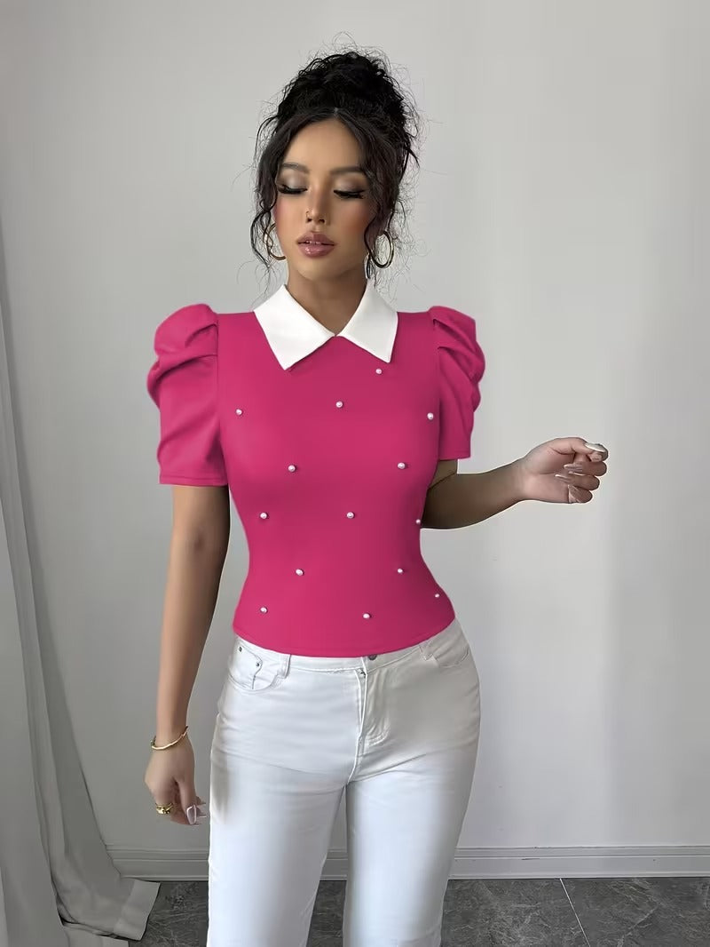 Ninonine "Odette" | Pearl-Adorned Contrast Collar Knit Top