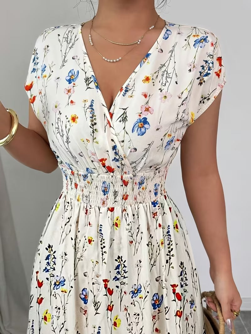Ninonine "Flora" | Shirred-Waist V-Neck Floral Maxi Dress