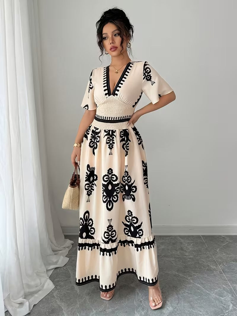 Ninonine "Amara" | Vintage Motif Shirred-Waist V-Neck Maxi Dress