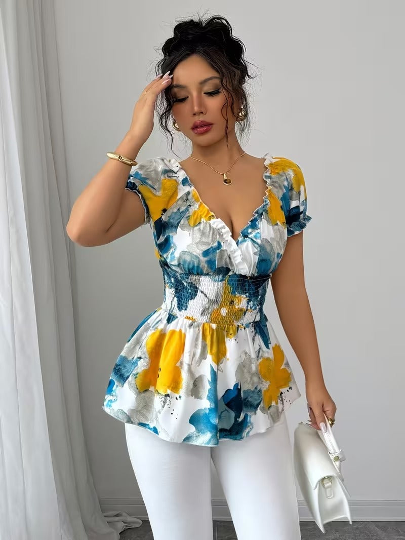Ninonine "Elora" | Shirred Waist Artistic Floral Blouse