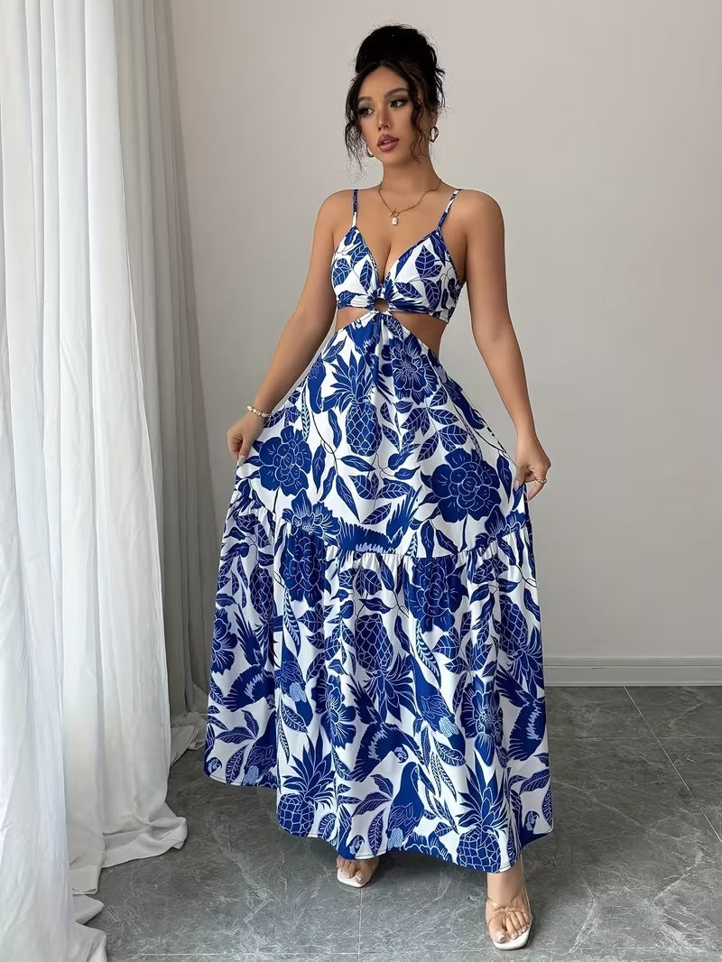 Ninonine "Sapphire" | Porcelain Botanical Ring-Detail Maxi Dress