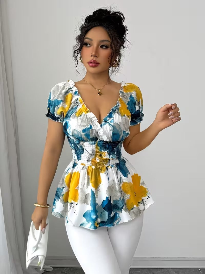 Ninonine "Elora" | Shirred Waist Artistic Floral Blouse