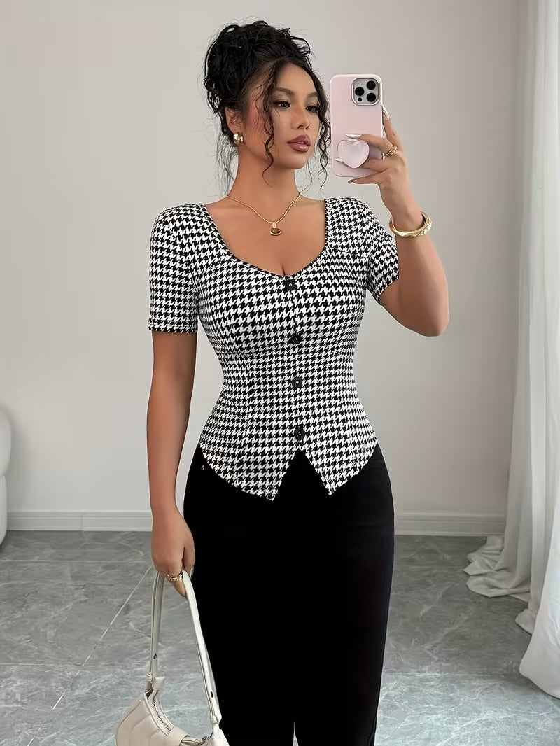 Ninonine "Odile" | Houndstooth Asymmetrical Single-Breasted Top